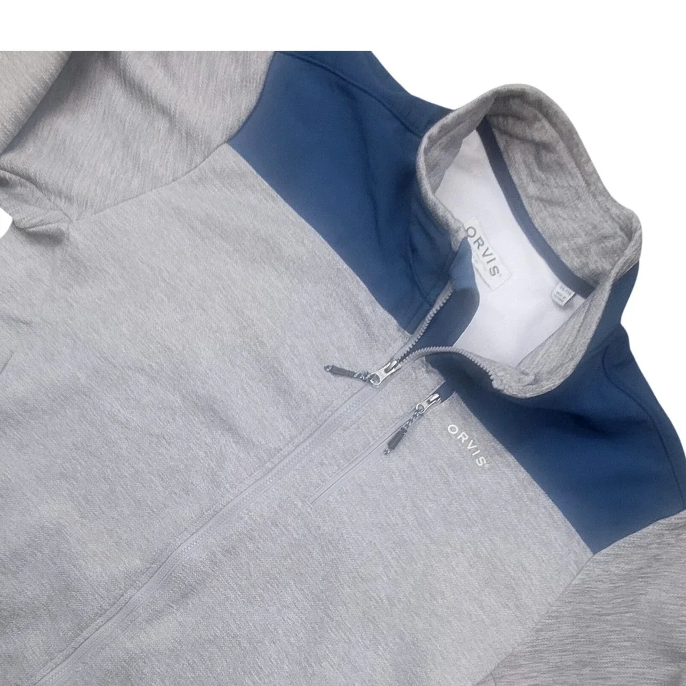 Orvis Mens XXL Full Zip Performance Jacket Gray Navy Blue Colorblock Mock Neck‎